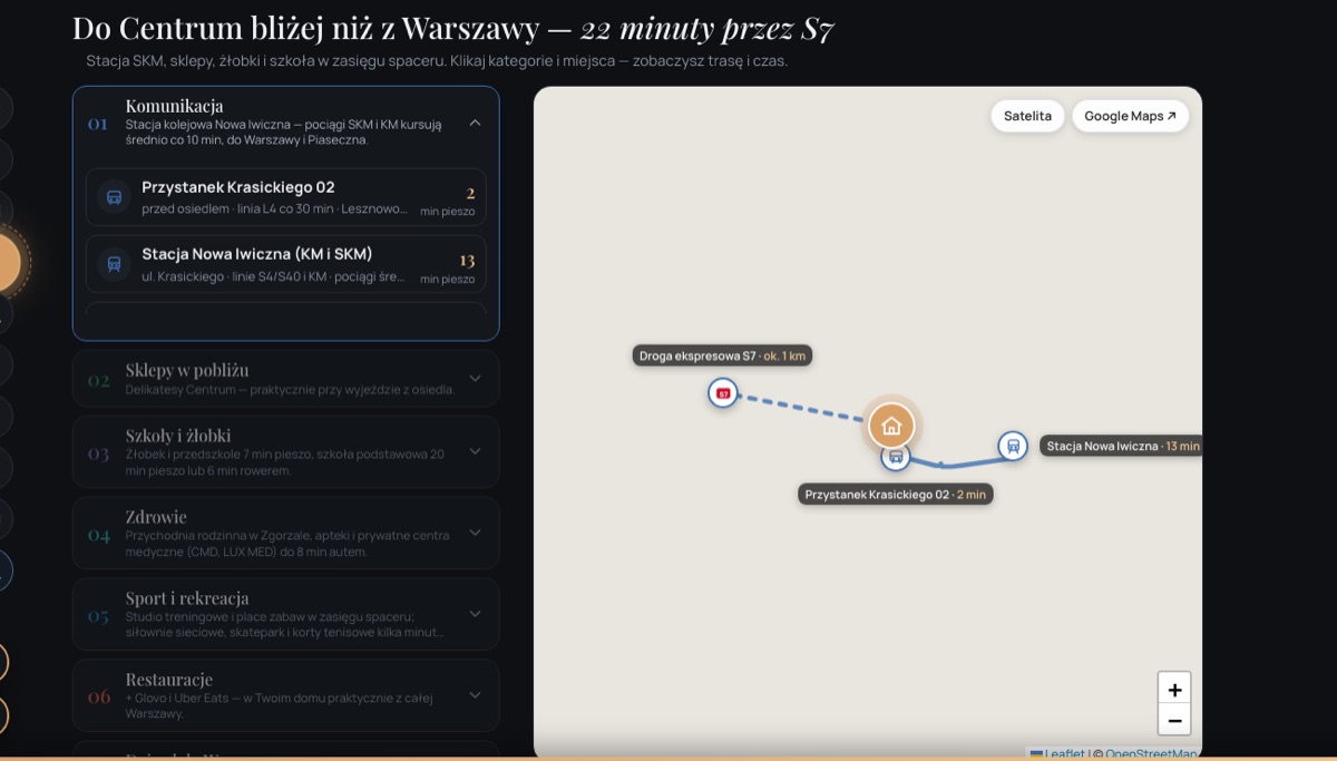 Mapa okolicy z czasem dojścia z przykładowej strony oferty