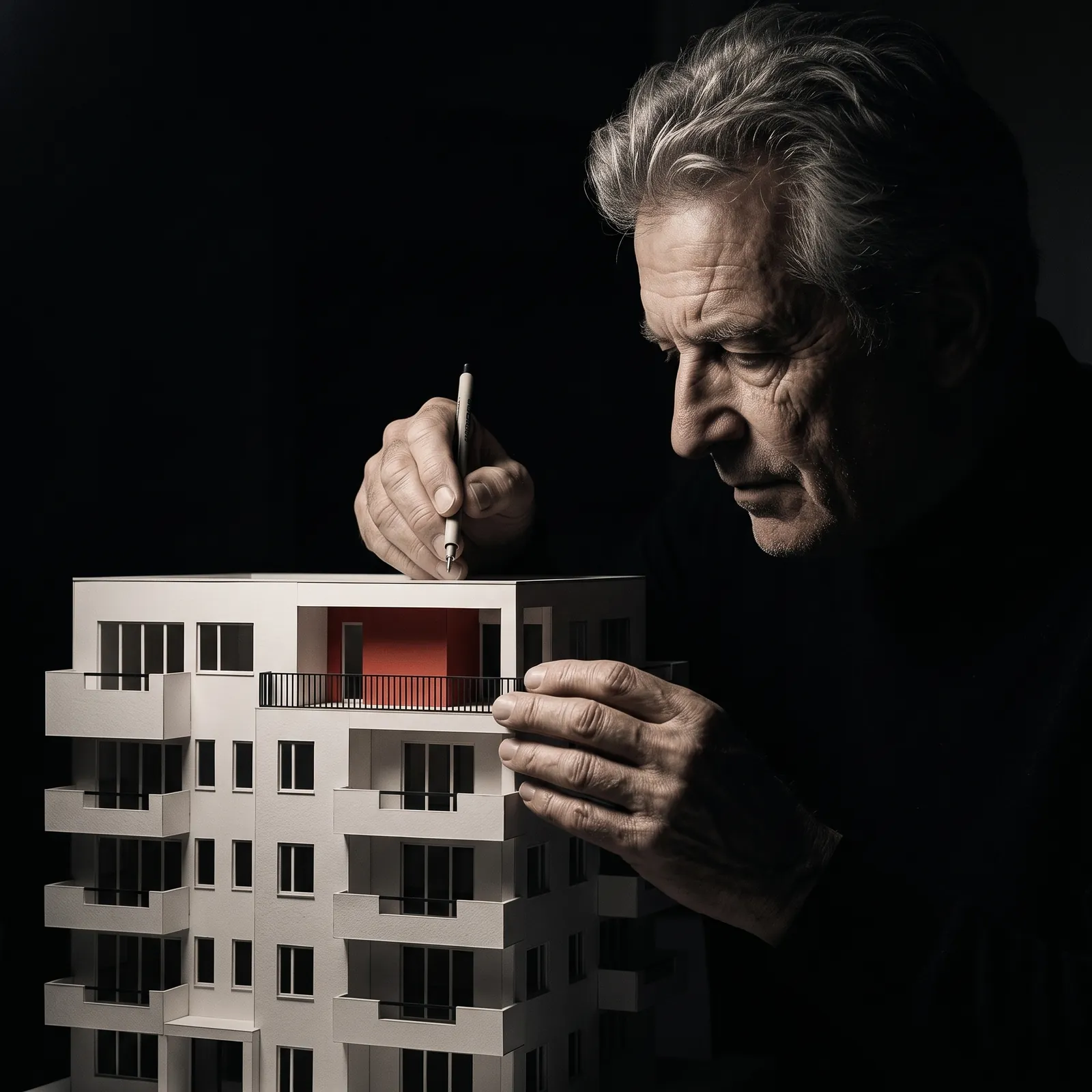 Architekt w ciemnej pracowni pochyla się nad białą makietą budynku, oświetloną jedną lampą