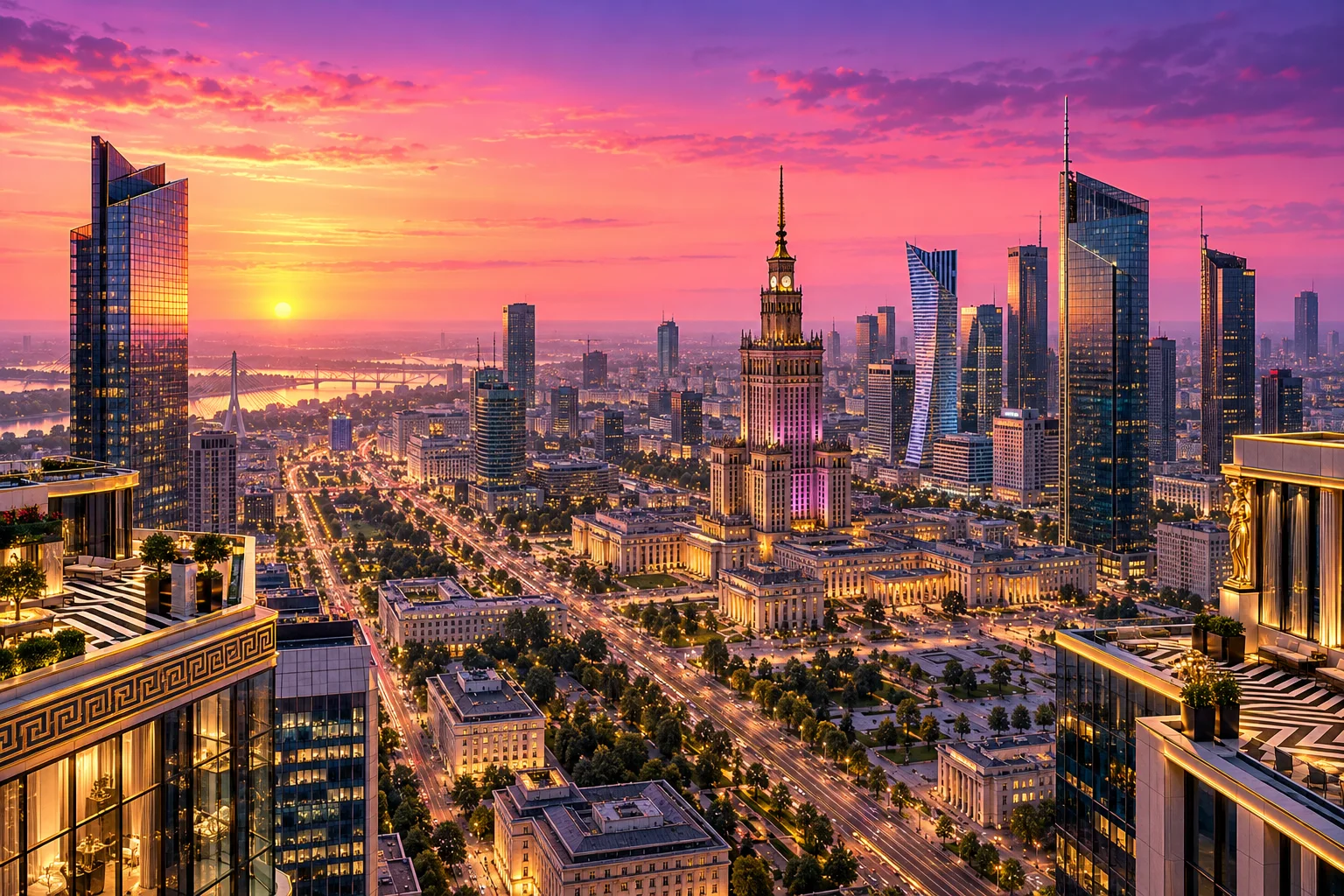 Widok z okna apartamentu na Pałac Kultury o zachodzie; zmienia się z wysokością piętra